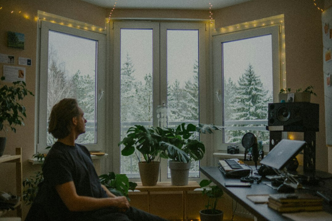 person doing yoga at desk