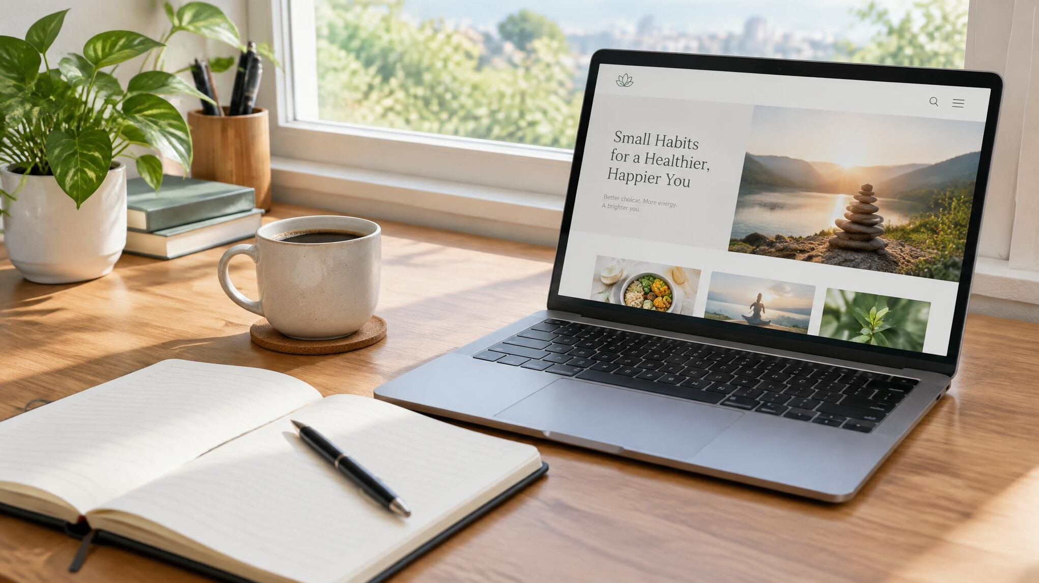 Notebook and coffee on a desk with a laptop showing a health article