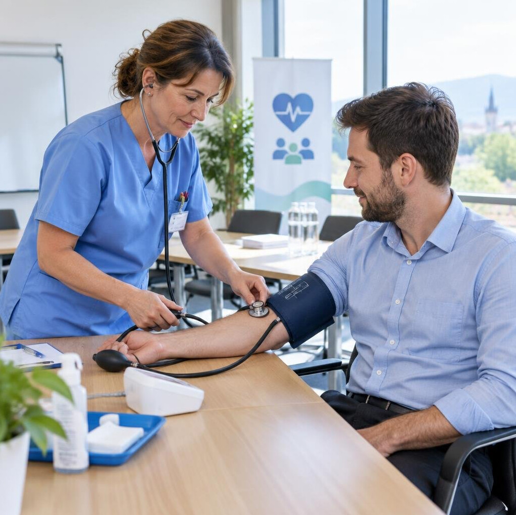 Nurse measuring blood pressure of an employee during a health check
