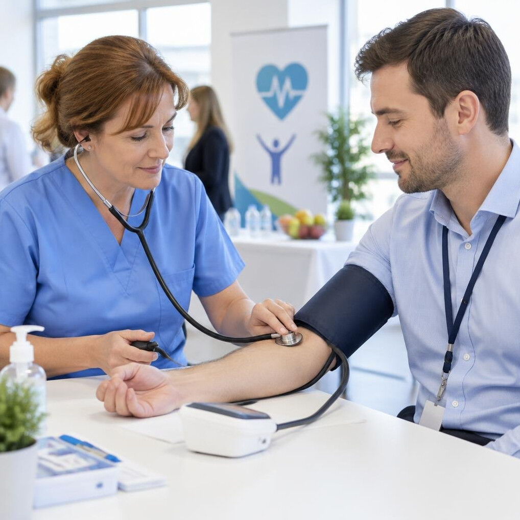 Health screening with blood pressure monitor at a corporate event