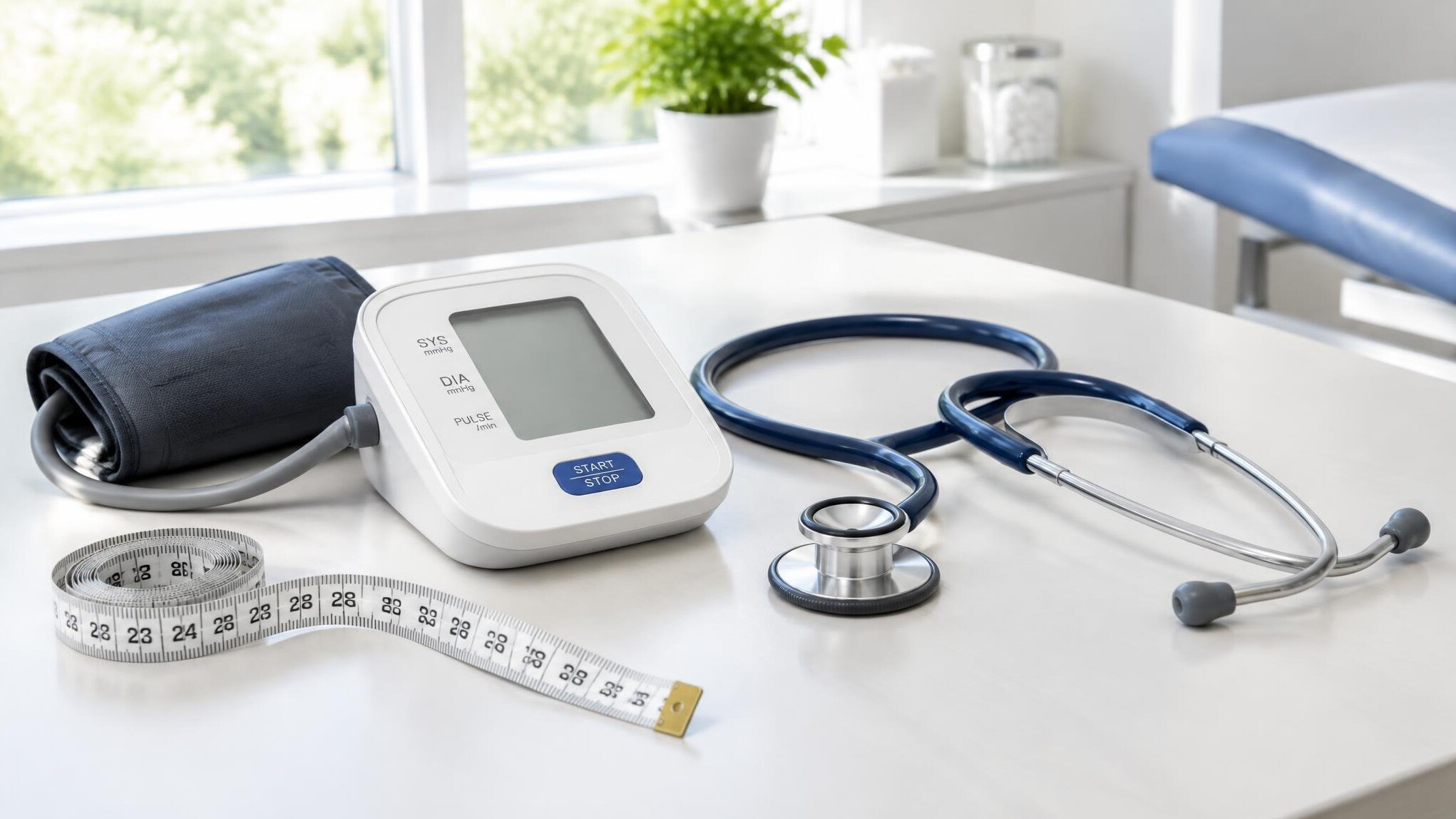 Health screening equipment laid out on a clinical table