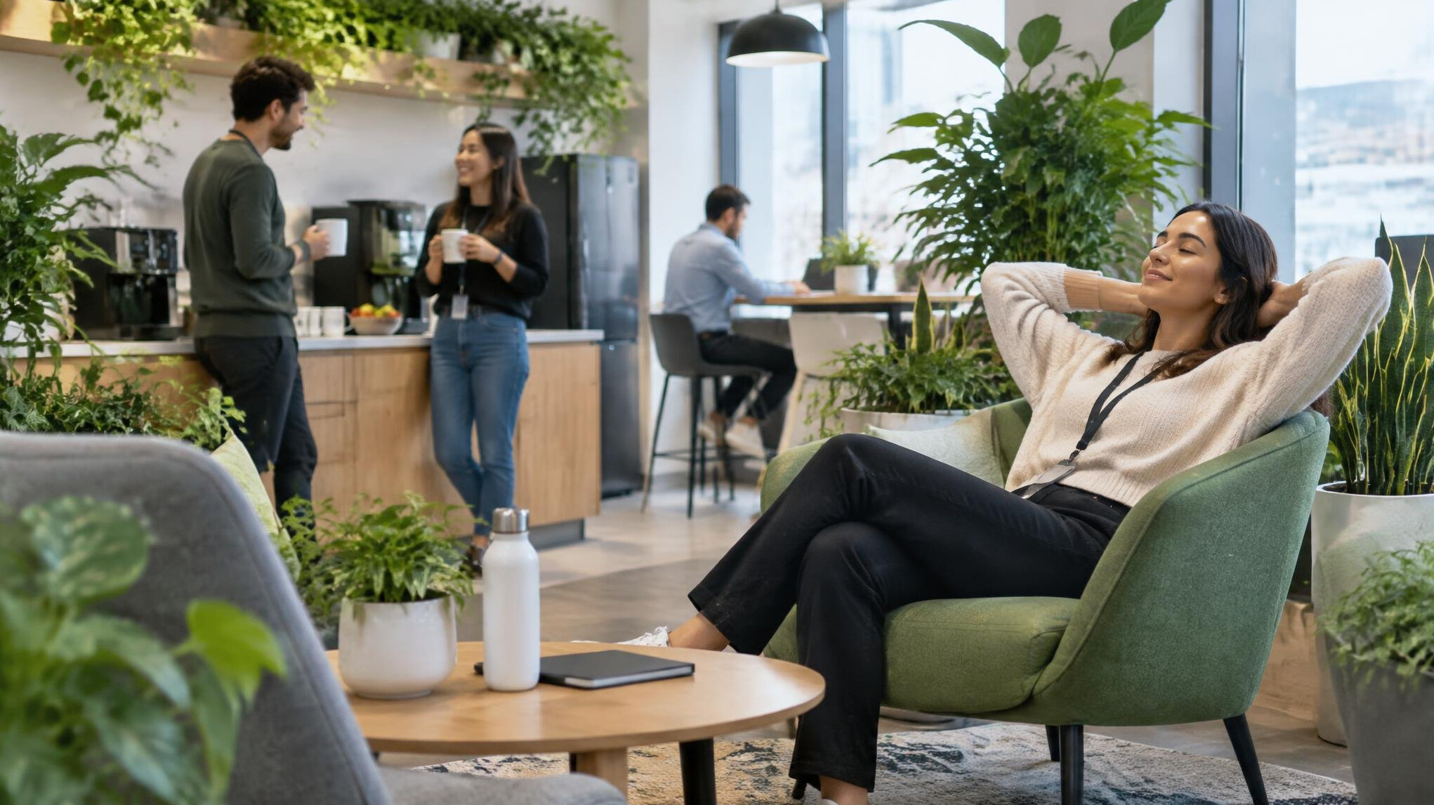 office break area with plants