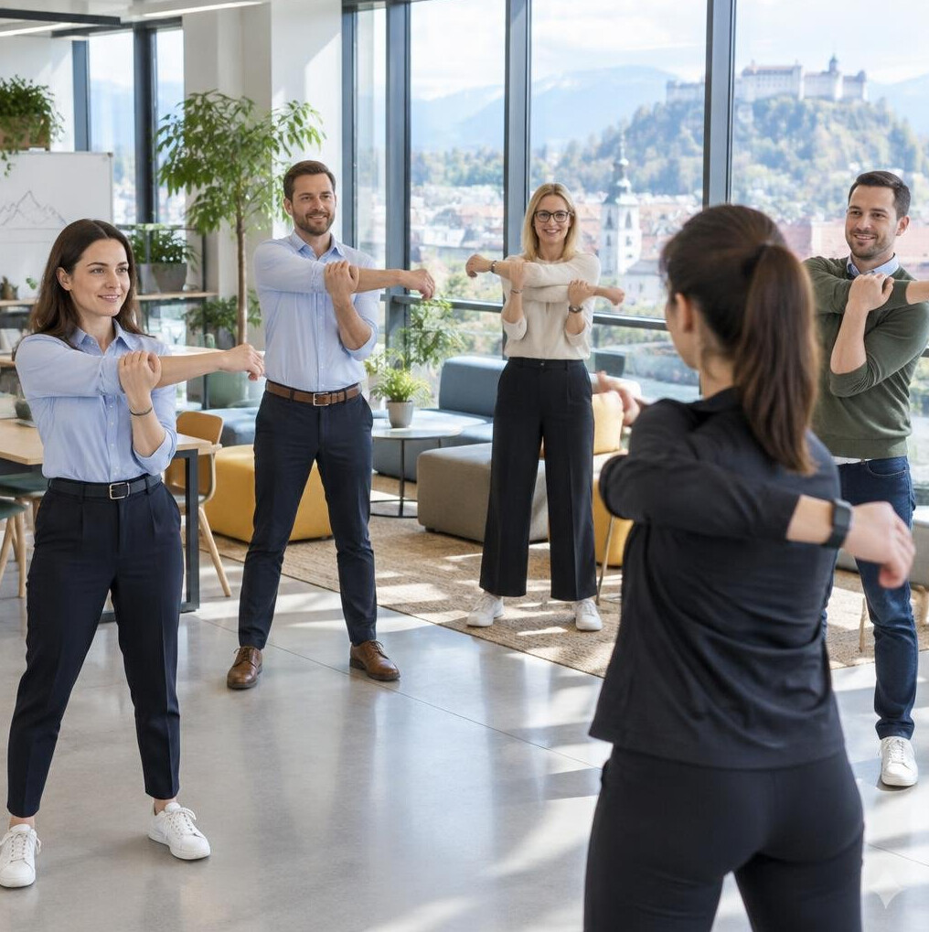 Group stretching session in an office common area